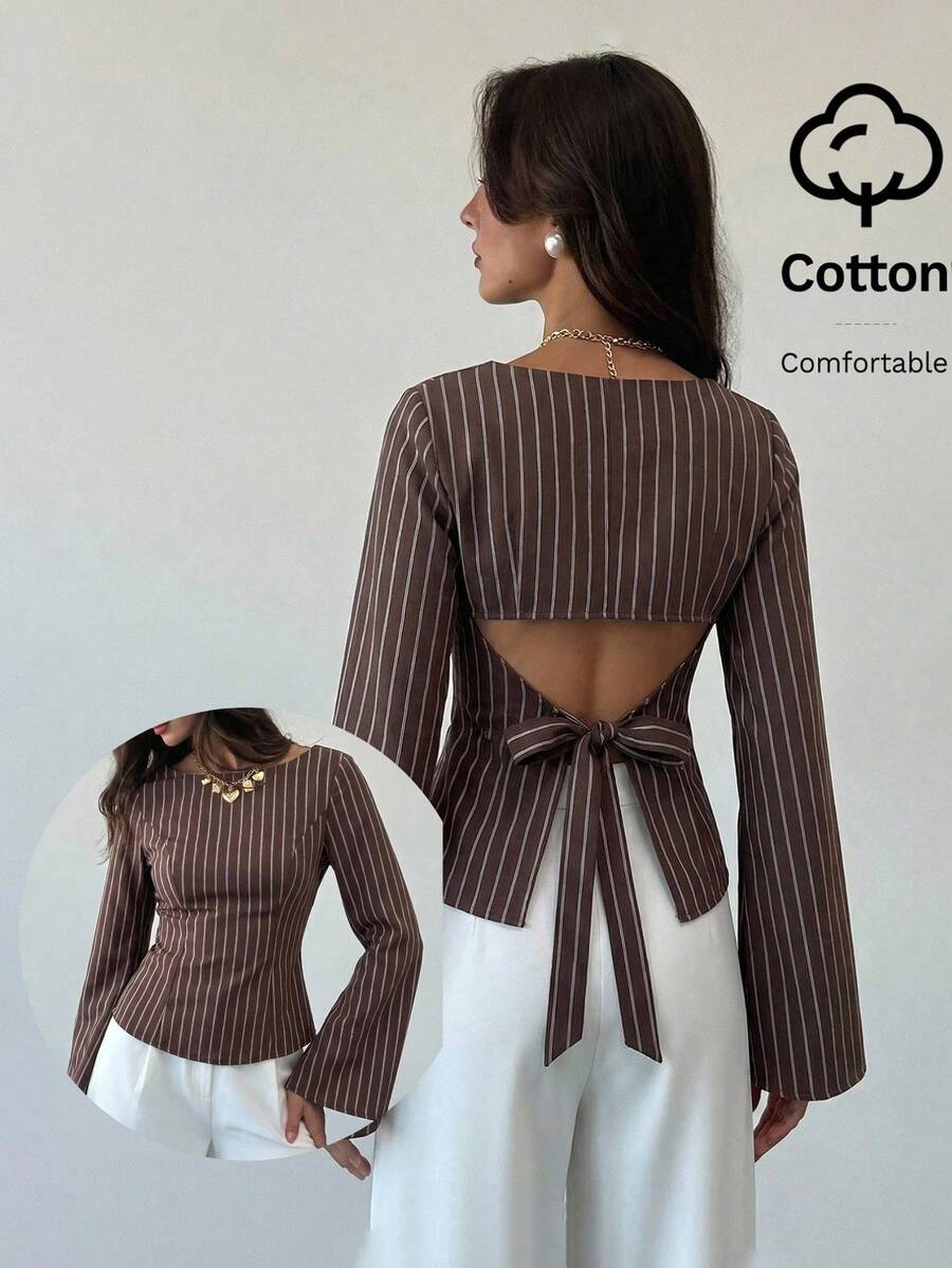 Áo kiểu nữ Aloruh Cotton kẻ sọc tay loe hở lưng, kiểu xoắn phía trước, thời trang. - màu nâu - Xem 1