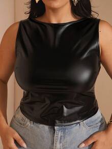SHEIN BAE 女式夏季纯色 PU 皮革褶皱修身背心 - 黑色 - 查看 2