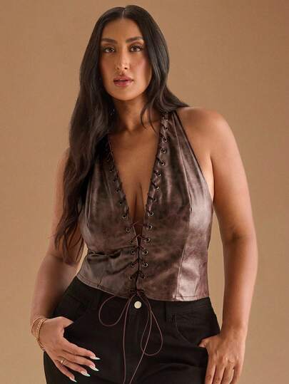 SHEIN BAE 大码女式时尚吊带短款束身衣吊带上衣棕色复古水洗做旧纹理皮革镂空服装感恩节适合性感派对、购物和返校穿着