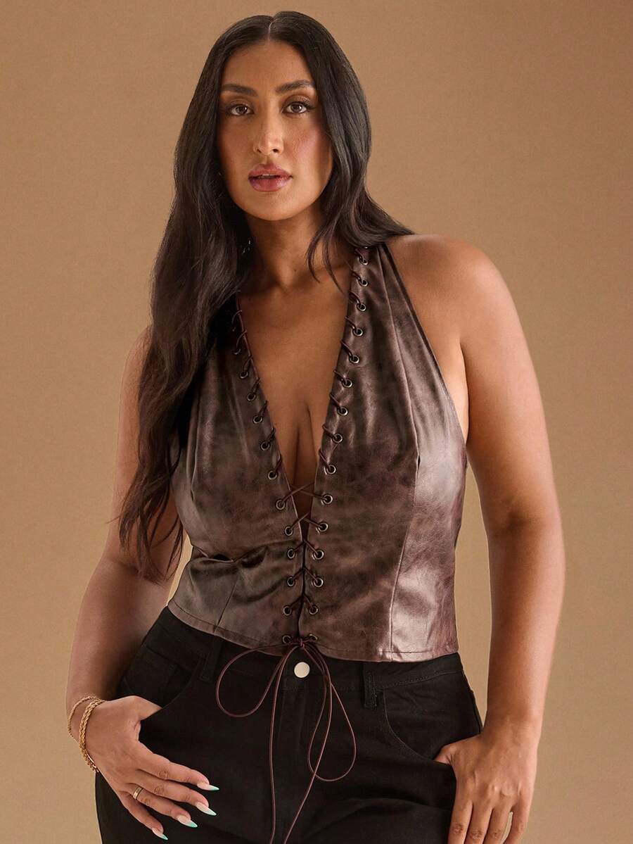 SHEIN BAE 大码女式时尚吊带短款束身衣吊带上衣棕色复古水洗做旧纹理皮革镂空服装感恩节适合性感派对、购物和返校穿着