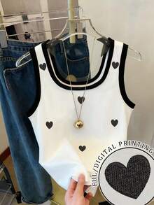 SHEIN Áo hai dây thêu họa tiết trái tim mới, dáng regular fit, cỡ lớn, phù hợp cho phụ nữ. - Đen và trắng - Xem 1
