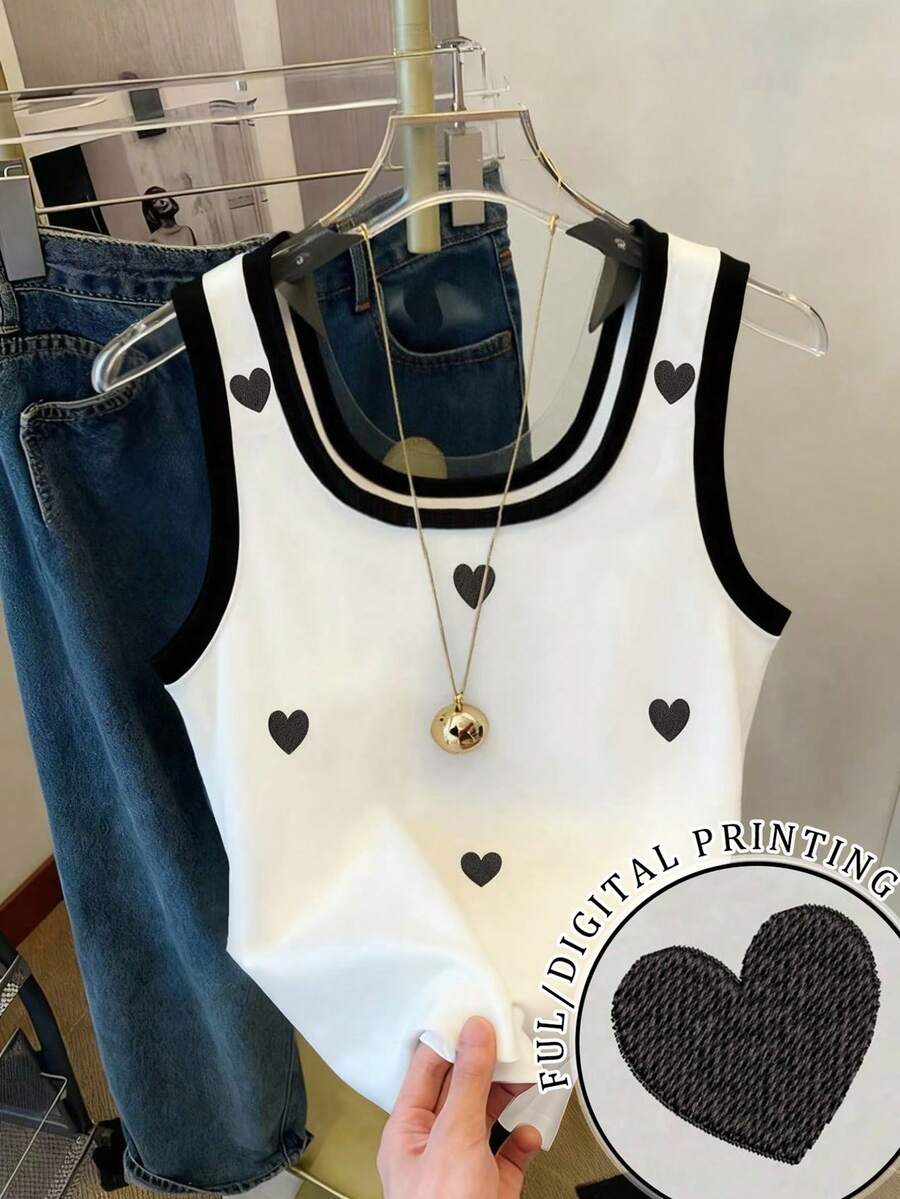 SHEIN Áo hai dây thêu họa tiết trái tim mới, dáng regular fit, cỡ lớn, phù hợp cho phụ nữ. - Đen và trắng - Xem 1