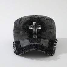 ROMWE Anime 1 Ladies Cross L Lace Flat Top Cap Outdoor Adjustable Baseball Cap - Black - View 5