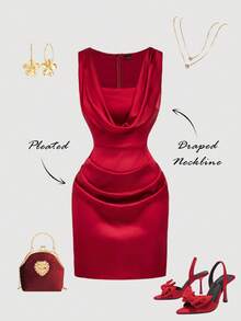 SHEIN MOD Elegant Red Draped Neck Sleeveless Satin Mini Dress, Valentine's Day Dress,Wedding,Elegant Dresses,Red Dress,Wedding Guest Dress For Women, Spring/Summer Outfits,Party, Red Outfits For Women, Red Satin Dress,,Wedding,Birthday Dress,Elegant Dresses - Red - View 2