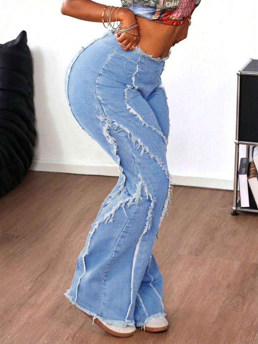 SHEIN ICON Women's Casual Distressed Slim Fit Flare Leg Jeans - Light Wash - View 1