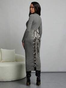 NYA SZN Dress Long Sleeve Turtle Neck Fitted Sweater Business Casual Everyday Cool Girl Ibiza Gyaru Holiday Midi Length Fall Winter Carnival Outfits Women - Grey - View 5