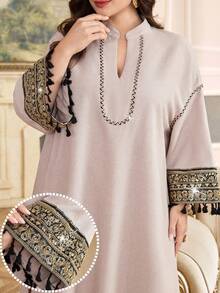 Al Najma Đầm phong cách Ả Rập dáng rộng thanh lịch, cổ khoét sâu, tua rua, trang trí cỡ lớn cho nữ - Màu be - Xem 3