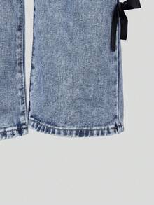 SHEIN ChillGRL Quần jeans ống đứng phong cách Y2K dành cho bé gái, điểm nhấn là nơ bên hông, thời trang và thoải mái, phù hợp cho mọi mùa. - Màu xanh ngọc - Xem 6