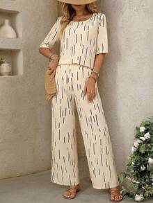 SHEIN PETITE Women's Elegant Casual Loose Top And Pants 2 Pieces Set, Spring/Summer - Multicolor - View 5