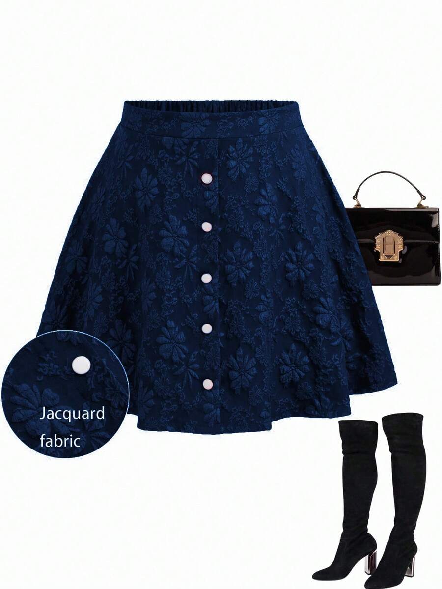 Sweetra 大码女式优雅纹理面料前扣A字裙，适合日常穿着 - 藏蓝色 - 查看 1