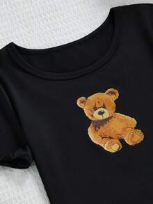 Tween Girl Spring And Summer New Cute Bear Print Shorts And Pants Matching Short Sleeve Top 3-Piece Homewear Set - Brown - View 8