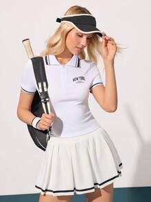 CourtClass Women's Casual Pleated Trim Sports Mini Skirt, Summer - White - View 5