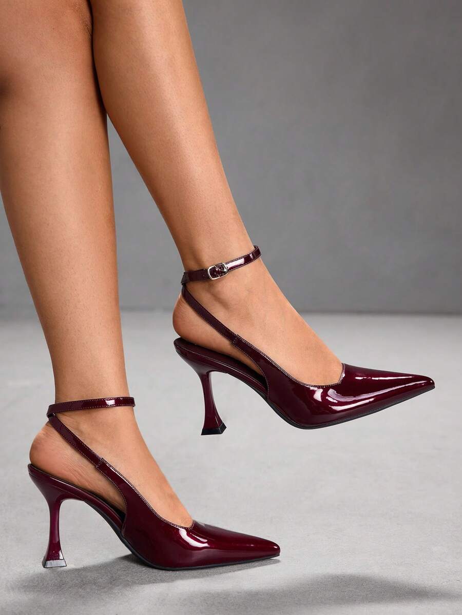 CUCCOO SZL Women's Pointed Toe Stiletto High Heel Black Lace Mesh Breathable Hollow-Out Sexy Elegant Lady High Heel Pumps With Ankle Strap, Versatile For Daily, Party, Gathering Valentine's Day - Burgundy - View 1