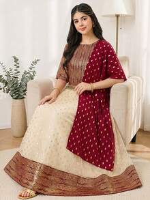 2pcs/Set Abaya Jalabiya Traditional Arabic Clothing, Metallic Fabric, Polka Dot Pattern, For Teenagers