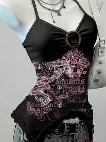 Attitoon Fashionable Printed Mesh Halter Top For Women Spring - Black - View 6