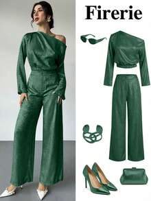 Firerie 女士不对称露肩宽松金属喇叭袖衬衫和松紧腰阔腿裤套装，露肩斜肩裤套装，露肩衬衫套装，金属长袖衬衫裤套装，适合约会、派对、通勤、音乐会、毕业典礼、教师装、正式场合。 - 墨綠色 - 查看 5