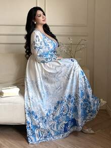 Flirla Abito lungo a-line casual elegante e vintage con scollo a v, stampa in stile porcellana blu e bianco, adatto a donne taglie forti - Blu e Bianco - Visualizzare 4