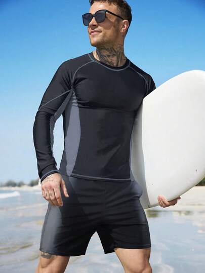 Manfinity Swimmode Set de 2 piezas de manga raglán de color contrastante, cuello redondo, manga larga, casual y cómodo para hombres