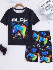 SHEIN 2件套儿童/青少年男童休闲日常舒适印花短袖圆领睡衣套装 - T恤和短裤 - 黑色 - 查看 4