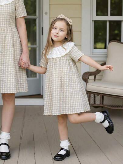 PrepCrw 1pc Young Girls Elegant Embroidered Collar Loose Plaid Babydoll Dress, Suitable For Outings, Gatherings, Festivals, Spring And Summer