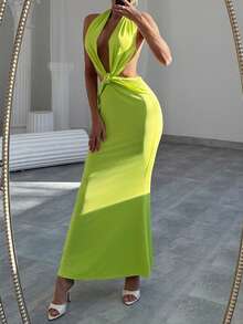 Aloruh 性感露背 V 领扭纹前褶皱连衣裙，浪漫约会风格，无袖，芥末色，春夏 - 橄欖綠 - 查看 4