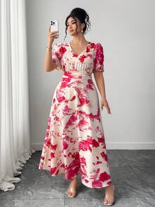 Elenzga 大码泡泡袖褶皱V领收腰修身连衣裙 - 玫紅色 - 查看 5