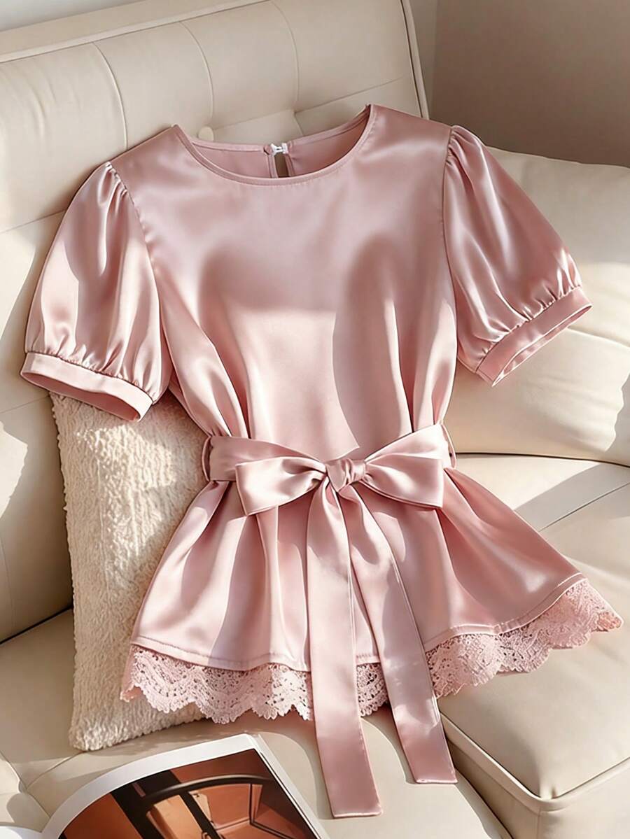 GlowEve 女士圆领泡泡袖荷叶边腰身优雅衬衫 - 粉色 - 查看 1