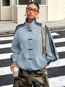 Muchica Chaqueta ligera de mujer con botones y rayas azules de estilo casual - Azul - Ver 4