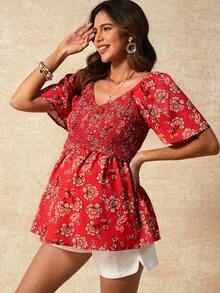 Boho Mama Áo cho con bú in hoa dành cho phụ nữ mang thai, thích hợp mặc thường ngày khi đi nghỉ mát. - Đỏ - Xem 8