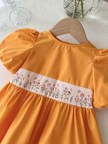 LMoss Kids 女婴碎花圆领长袖拼接荷叶边连衣裙 - 黃色 - 查看 4