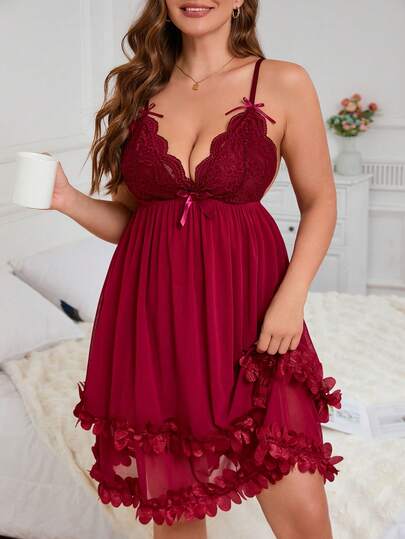 Slumberist Plus Size Women 3D Floral Lace Decor Sexy Sheer Lace Camisole Nightgown
