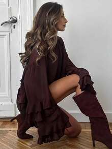 Aloruh Women's Elegant Bohemian Ruffle Trim Long Sleeve Blouse Ruffle Blouse Chocolate Brown Top - Brown - View 2