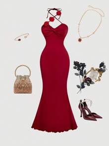 SHEIN MOD 女士纯色简约日常3D立体花卉装饰连衣裙 - 酒紅色 - 查看 7