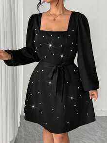 SHEIN Elenzya Elegant Plus Size Black Square Neck Dress With Pearls Long Puff Sleeves And Flared Hem Short A Line Woven Fabric Dress - Black - View 8