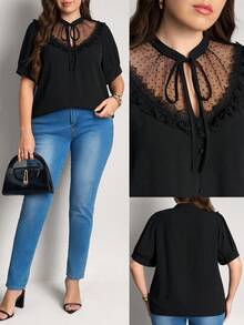 Comfylo Áo kiểu dáng rộng rãi, phối nhiều mảnh vải lưới, thắt eo, màu đen, thích hợp cho ngày Valentine, sinh nhật, dự tiệc Valentine, đi chơi, thanh lịch. - màu đen - Xem 3