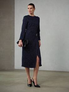 MOTF PREMIUM AUTUMN/WINTER TWEED & PU PATCHWORK CHAIN DECOR LONG DRESS - Navy Blue - View 5