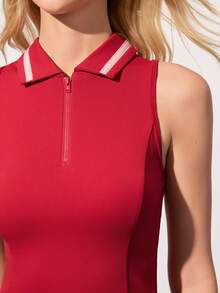 CourtClass Women's Minimalist Quarter Zip Sleeveless Sports Polo Shirt, Summer - Burgundy - View 7