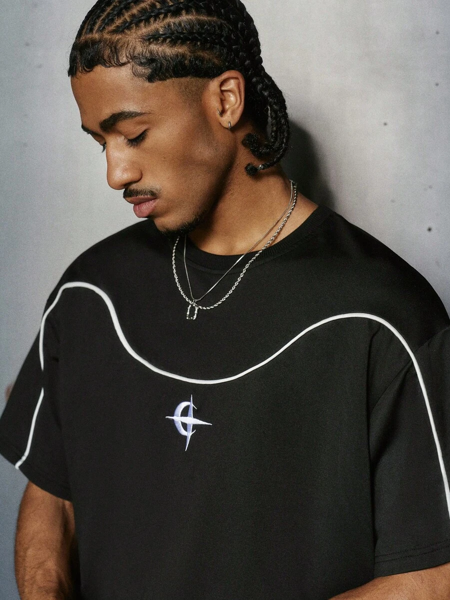 PAVTROS Áo thun nam phong cách đường phố thường ngày, phối màu tương phản, thêu họa tiết. - màu đen - Xem 1