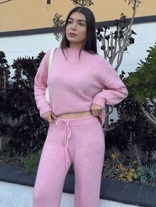Andrea Bello 2 件套女士休闲宽松落肩长袖毛衣和针织裤套装，秋季 - 粉色 - 查看 4