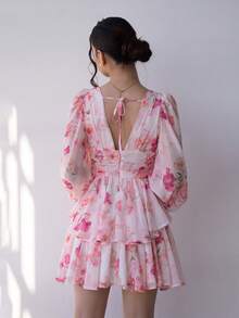 Andrea Bello 春夏浪漫假日优雅粉色花卉印花灯笼袖女式夏季可爱迷你连衣裙，适合度假、甜美优雅度假、约会、节日、派对、毕业典礼、婚礼嘉宾和海滩、舞会礼服、女士夏季连衣裙、夏季服装、优雅派对连衣裙、波西米亚服装 - 粉色 - 查看 2