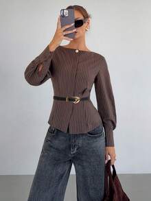 Siren Gaze 女士条纹船领长袖休闲收腰衬衫，收腰设计，条纹衬衫，精致衬衫，棕色细条纹打造纤细优雅的造型，通勤百搭上衣，棕色上衣，春季款 - 棕色 - 查看 6