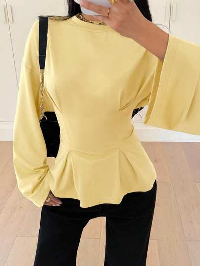Siren Gaze Women's Solid Color Pleated Waist Crew Neck Drop Shoulder Long Sleeve T-Shirt Spring Pastel Yellow Top Cute Yellow Top Pale Yellow Top Yellow Blouses Butter Yellow Top