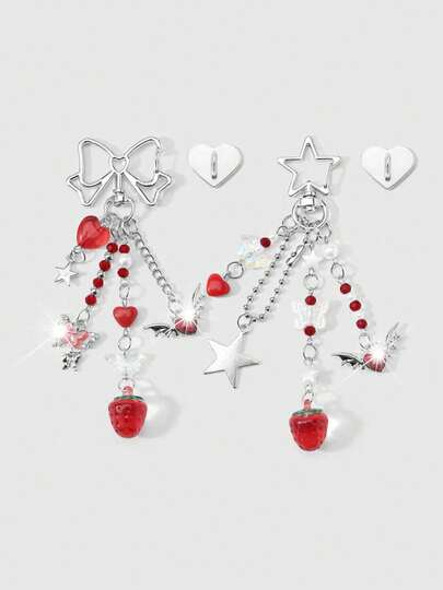 ROMWE 1款春季新款ins甜美可爱时尚学院风红色系列仿水晶仿珍珠树脂亚克力水钻蝴蝶爱心银色可开合珠链星翼恶魔翼爱心草莓DIY钥匙扣包包挂件水杯挂件手机挂件，适合姐妹、女友、情侣、女孩和女士日常佩戴、节日礼物