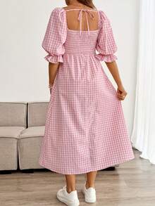 SHEIN Maternity Plaid Print Square Neck Casual Versatile Dress, Summer Holiday Outfits , Summer Outfits, Summer Clothes - Pink - View 2