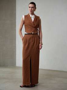 MOTF PREMIUM WOMEN'S PURE LINEN SHAWL NECK FITTED TIE WAIST SLEEVELESS BLAZER VEST, SPRING/SUMMER - Coffee Brown - View 2