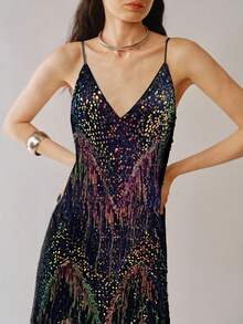 Uhlyne Vestido de mujer con tirantes finos, cuello en V con lentejuelas, flecos y bajo asimétrico