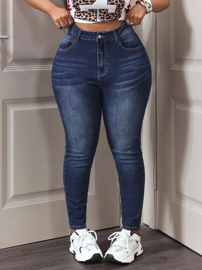 SHEIN Pantalones vaqueros elásticos azules de estilo vaquero sexy y ajustados para mujer de talla grande, atuendos de primavera