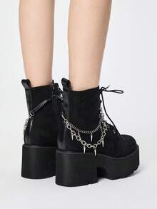 Grunge Punk Fashionable Versatile Chain Decor Thick Sole Wedge Ankle Boots Valentine's Day - Black - View 5