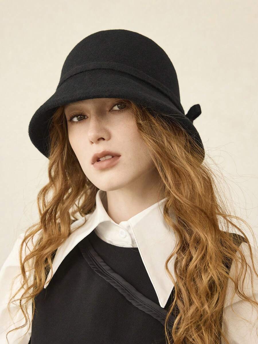 MOTF PREMIUM GREY WOOL BOWKNOT DECOR BUCKET HAT - Black - View 2