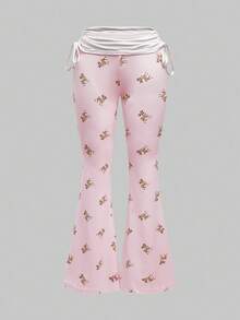 ROMWE J-Fashion Blouse en dentelle brodée de cerfs mignons assortie à un pantalon évasé avec imprimé de cerfs sur tout le vêtement - Rose bonbon - Voir 3